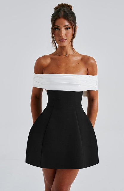 Off Shoulder Folded Satin Bust A Line Panel Mini Dress