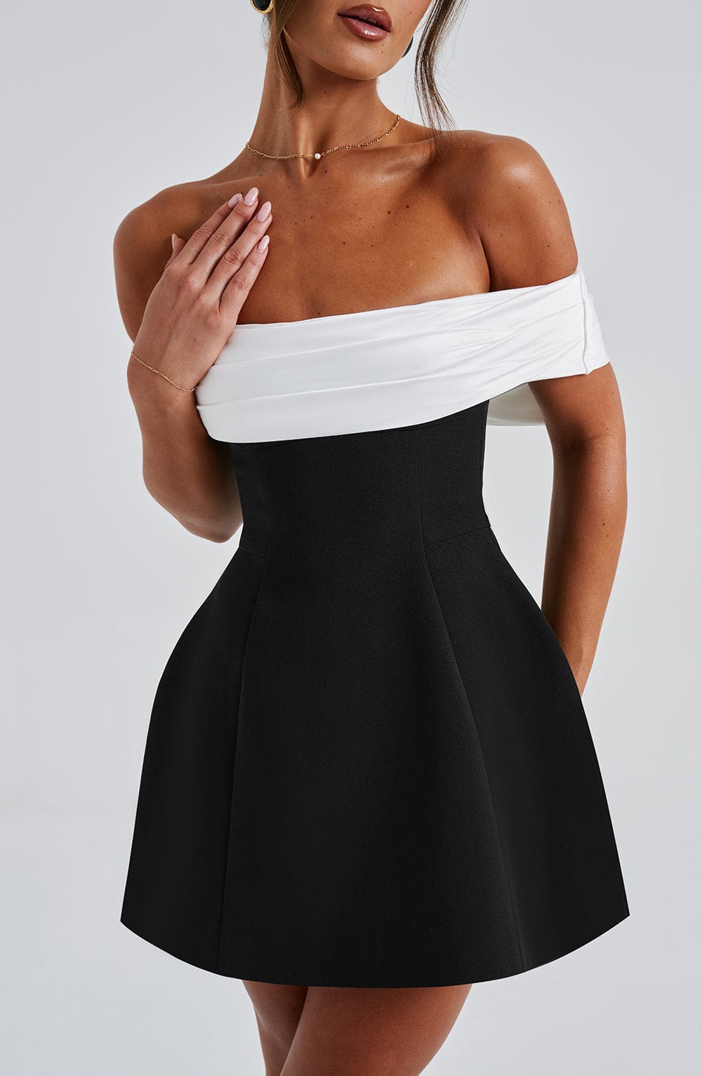 Off Shoulder Folded Satin Bust A Line Panel Mini Dress