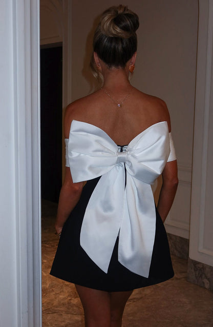 Off Shoulder Folded Satin Bust A Line Panel Mini Dress