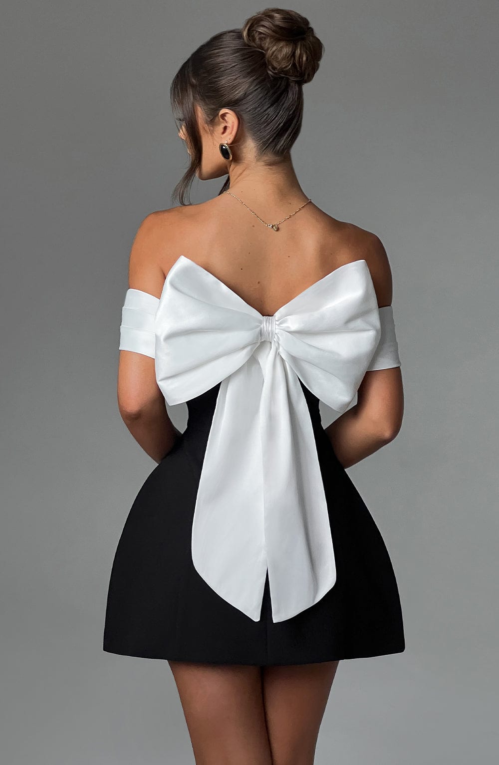 Off Shoulder Folded Satin Bust A Line Panel Mini Dress