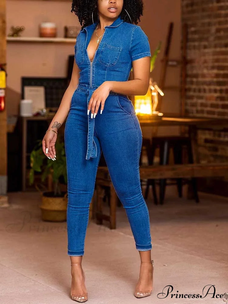 Stylish Vintage V-Neck Denim Jumpsuit