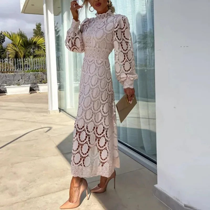 Guipure Lace Mock Neck Lantern Sleeve Scalloped Hem Midi Dress