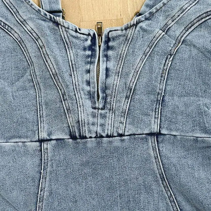 Denim Zip-Front Bustier Princess Seam Side Slit Bodycon Midi Dress