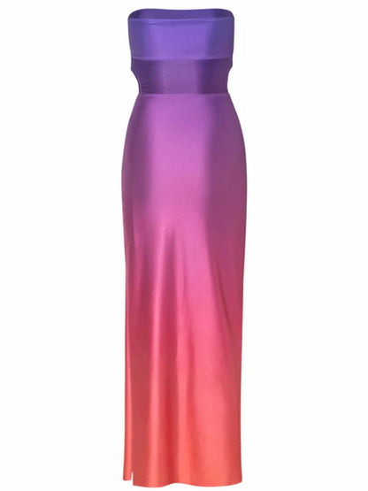 Strapless Waist Cutout Ombre Bodycon Maxi Dress