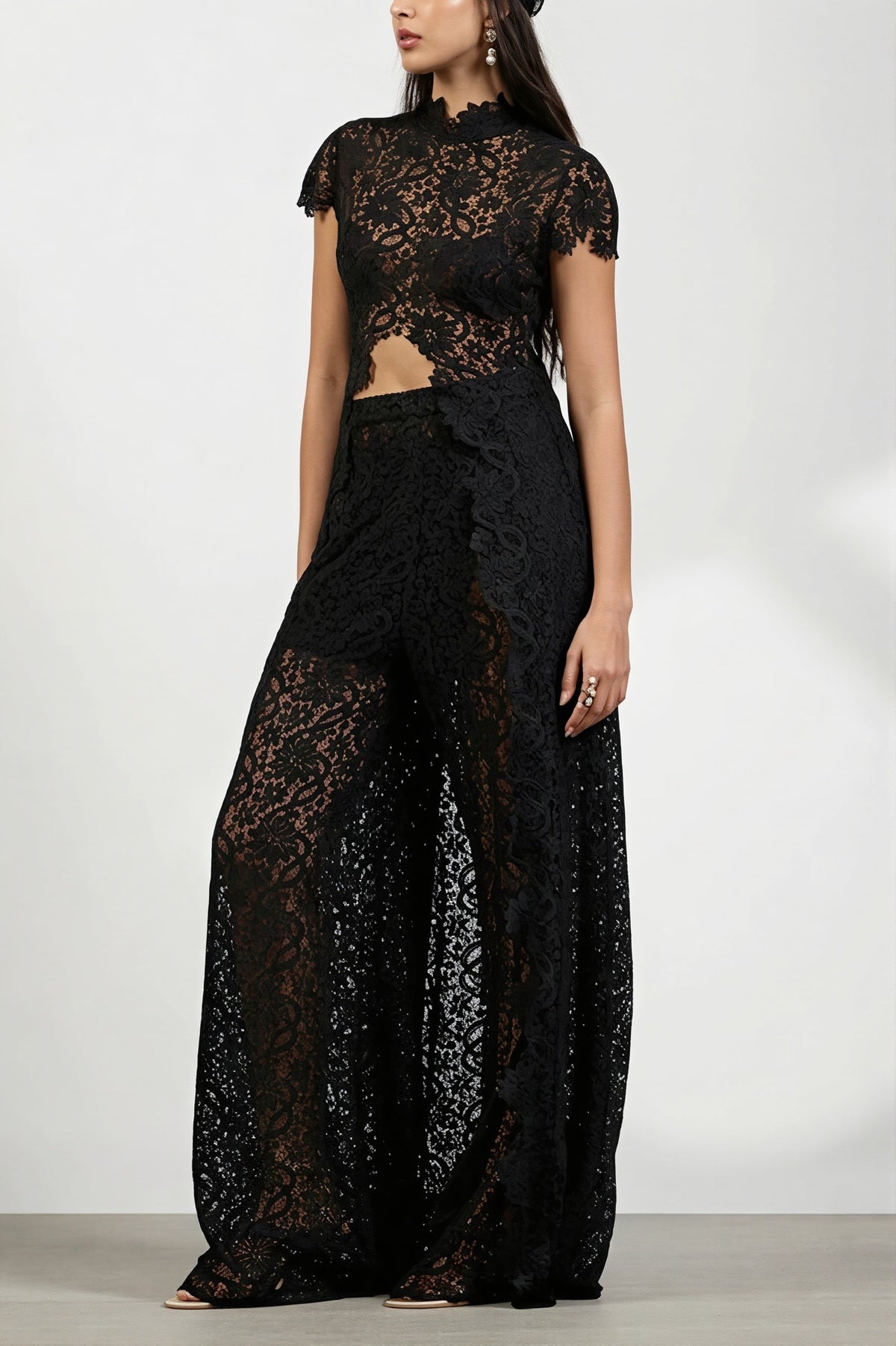 Lace Long Cape Cutout Pants Set