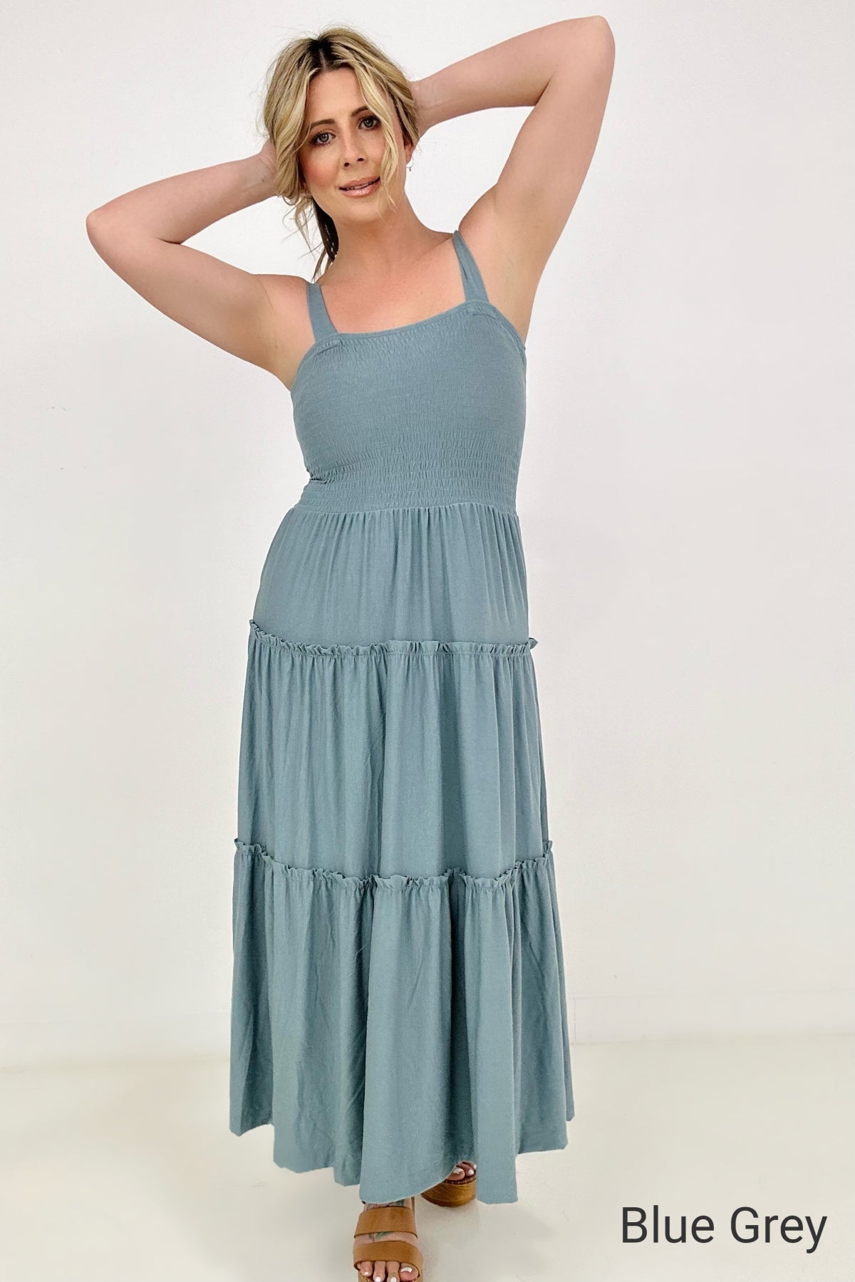 Square Neck Smocked Bodice Tiered Ruffle Maxi Dress