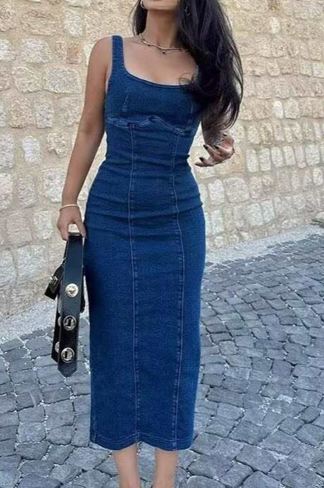 Strappy Zip Back Denim Dress