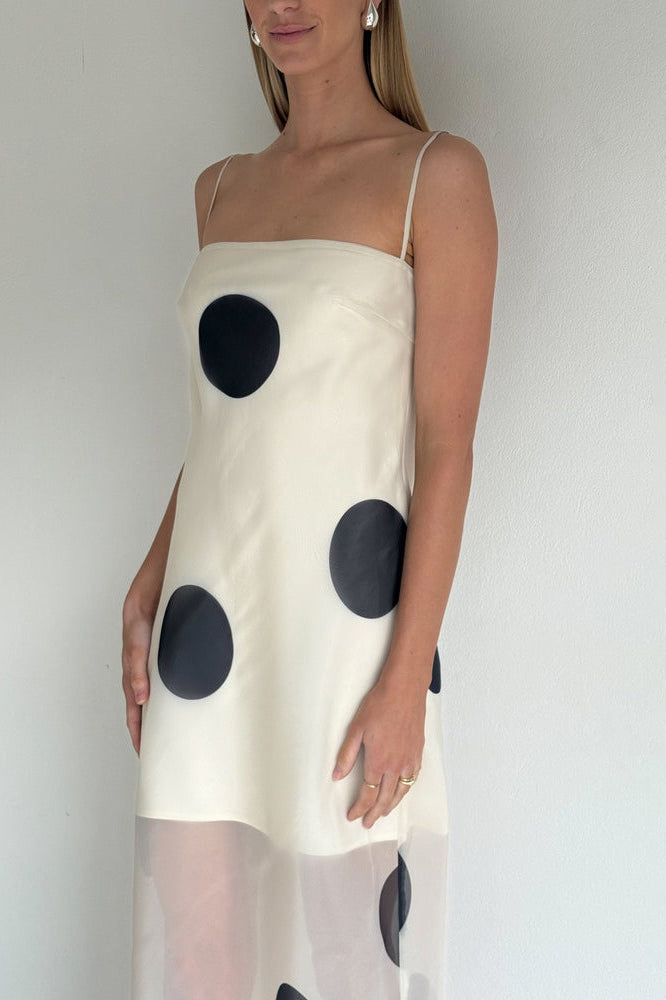 White Polka Dot Bodycon Cami Maxi With Side Slit Dress