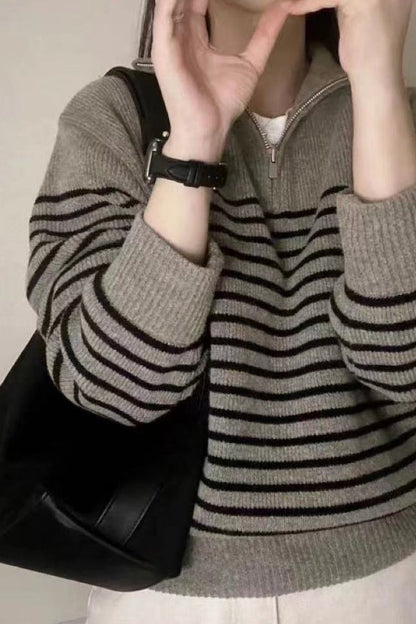 Striped Half Zip Knit Pullover Sweater