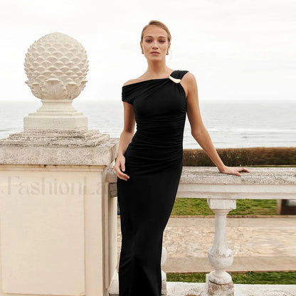 Diagonal Collar High Waist Ruched Hip Wrap Mermaid Maxi Dress