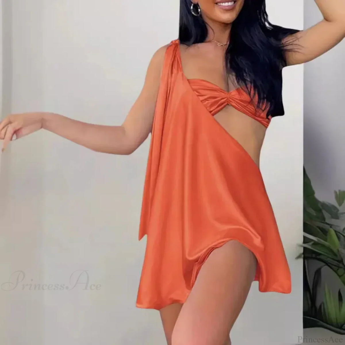 Diagonal Shoulder Mesh Mini Dress