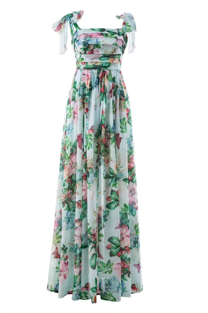 Floral Print Tie Shoulder Bow Strap Low Back Sash Bow Maxi Dress
