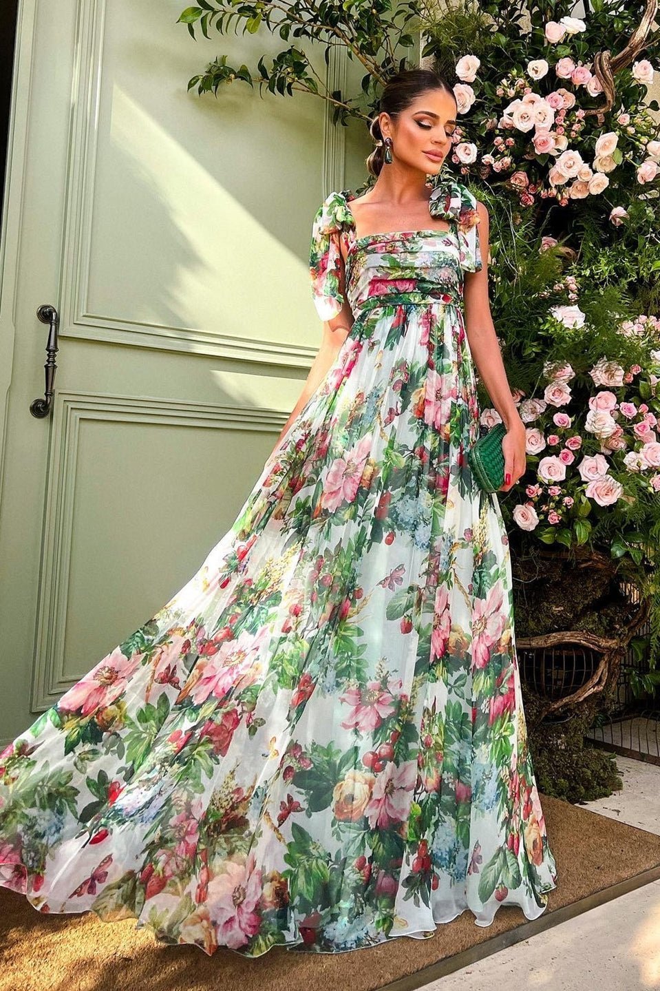 Square Neck Ruched Bodice Ruffle Strap Floral Print Maxi Dress