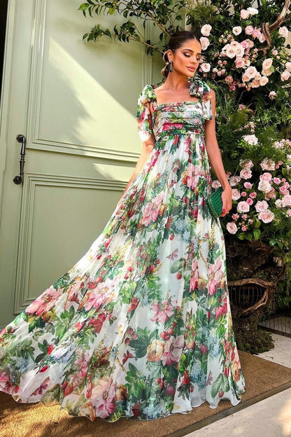 Square Neck Ruched Bodice Ruffle Strap Floral Print Maxi Dress