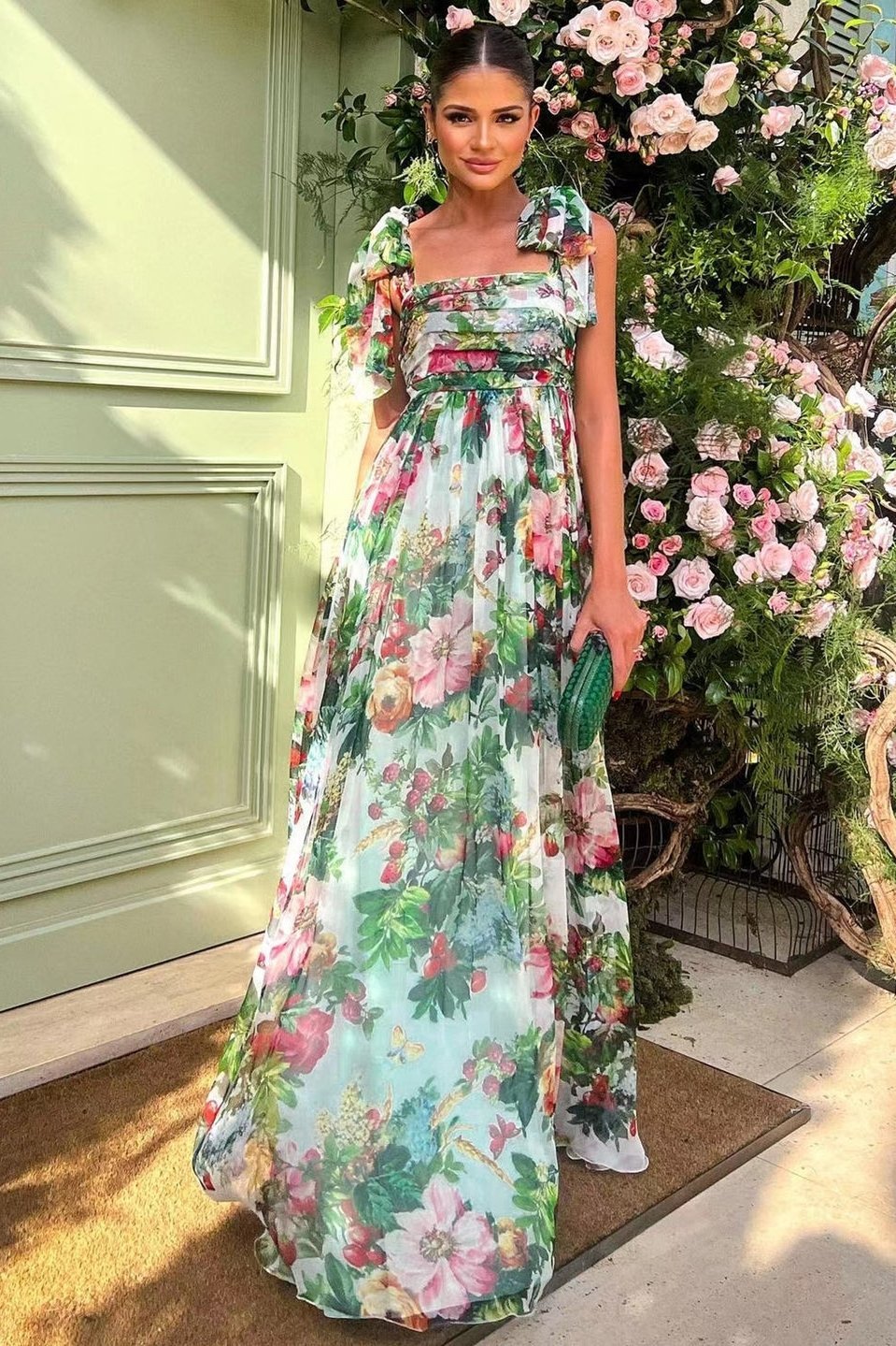 Square Neck Ruched Bodice Ruffle Strap Floral Print Maxi Dress