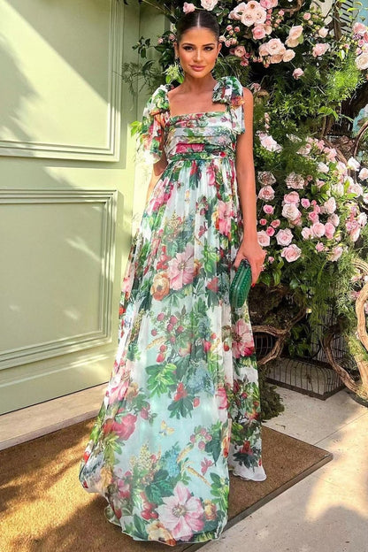 Square Neck Ruched Bodice Ruffle Strap Floral Print Maxi Dress