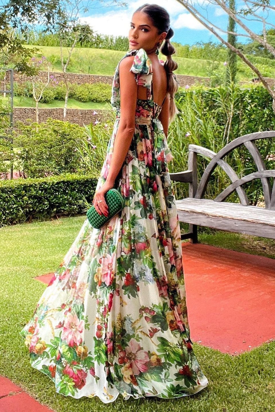Square Neck Ruched Bodice Ruffle Strap Floral Print Maxi Dress