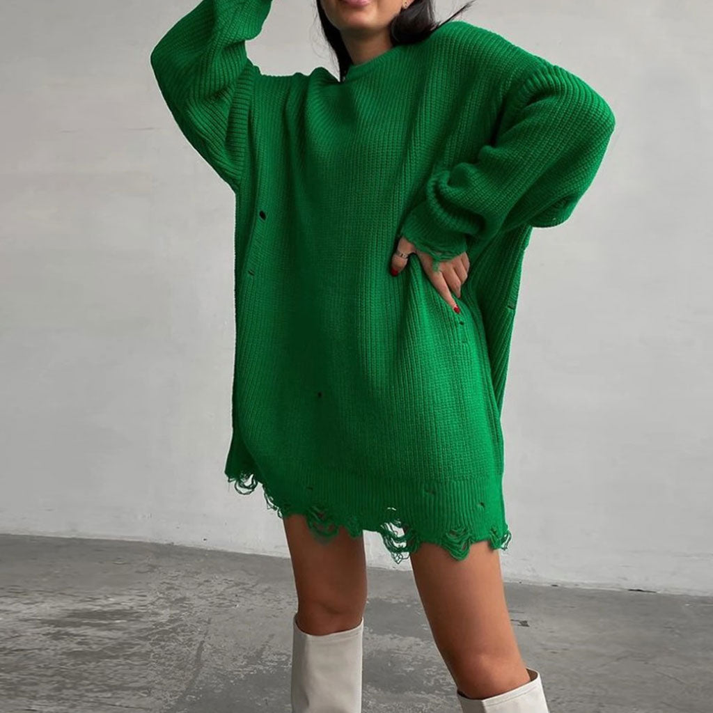 Oversized Distressed Chunky Rib Knit Crew Neck Sweater Mini Dress
