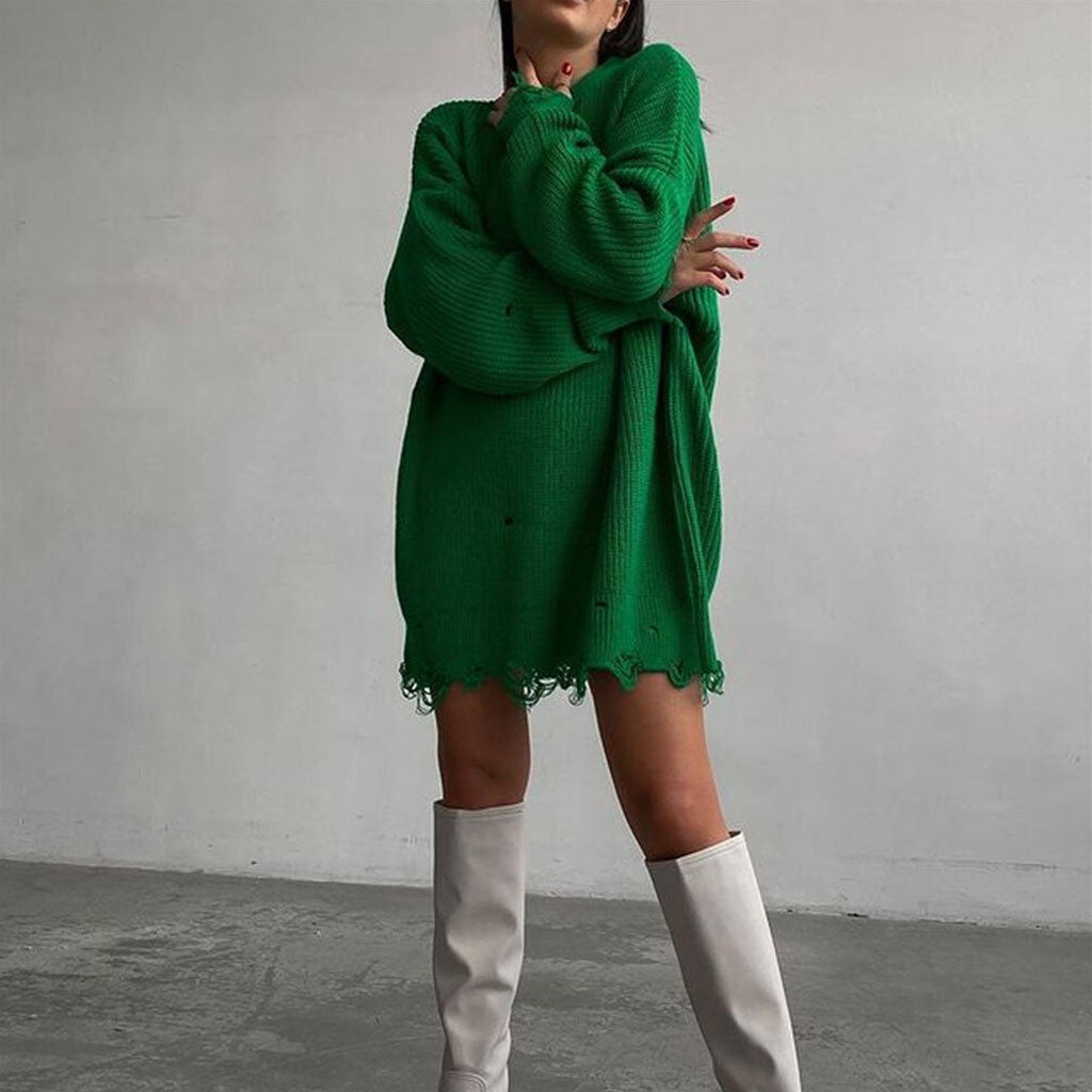 Oversized Distressed Chunky Rib Knit Crew Neck Sweater Mini Dress