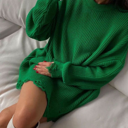 Oversized Distressed Chunky Rib Knit Crew Neck Sweater Mini Dress