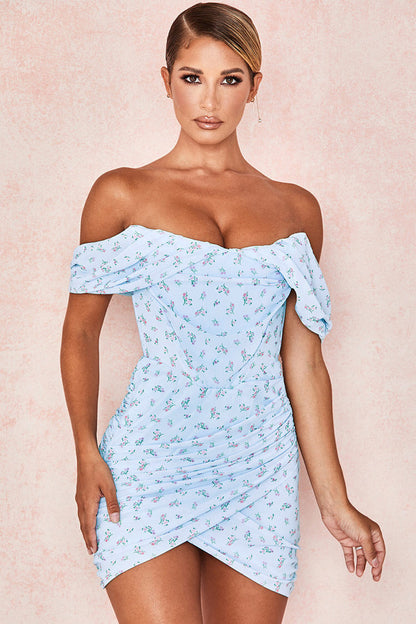 Ditsy Floral Off Shoulder Ruched Corset Wrap Hem Mini Dress