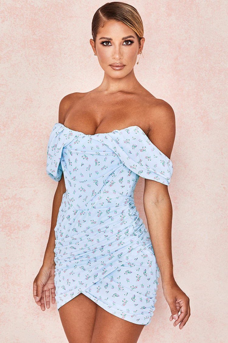 Ditsy Floral Off Shoulder Ruched Corset Wrap Hem Mini Dress