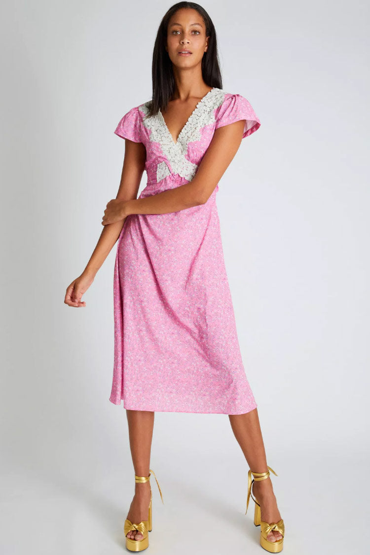 Ditsy Floral Lace Trim Deep V Flutter Sleeve A-Line Midi Dress