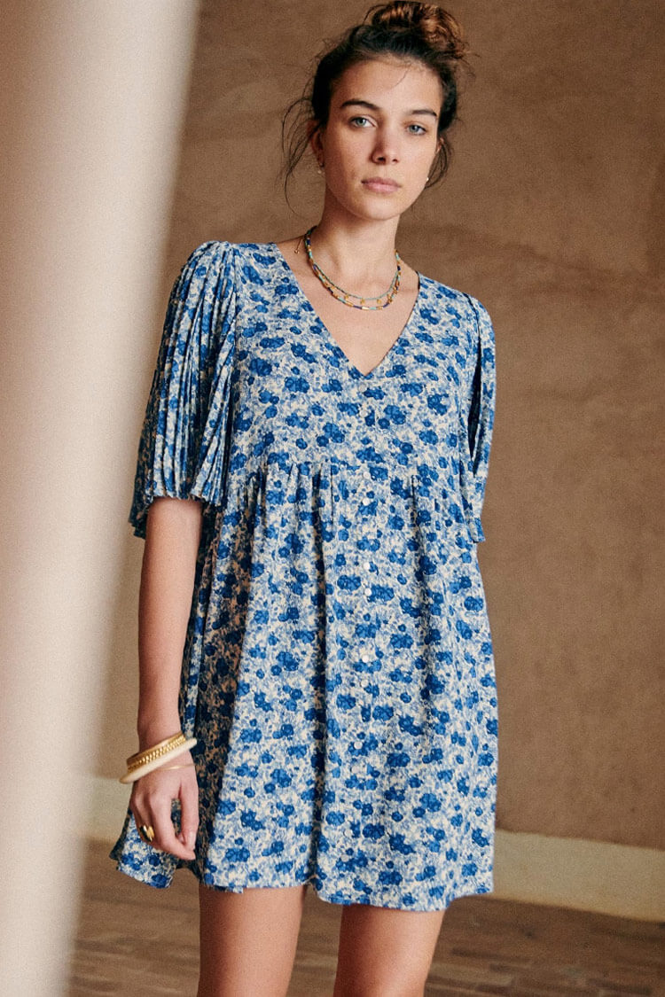 Ditsy Floral Pleated Sleeve Button Front Babydoll Mini Dress