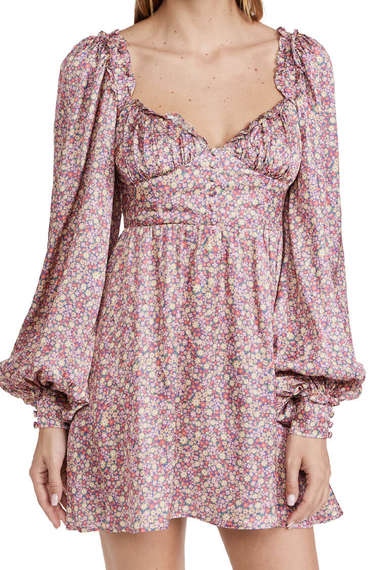 Ditsy Floral Sweetheart Ruffle Trim Button Front Puff Sleeve Mini Dress
