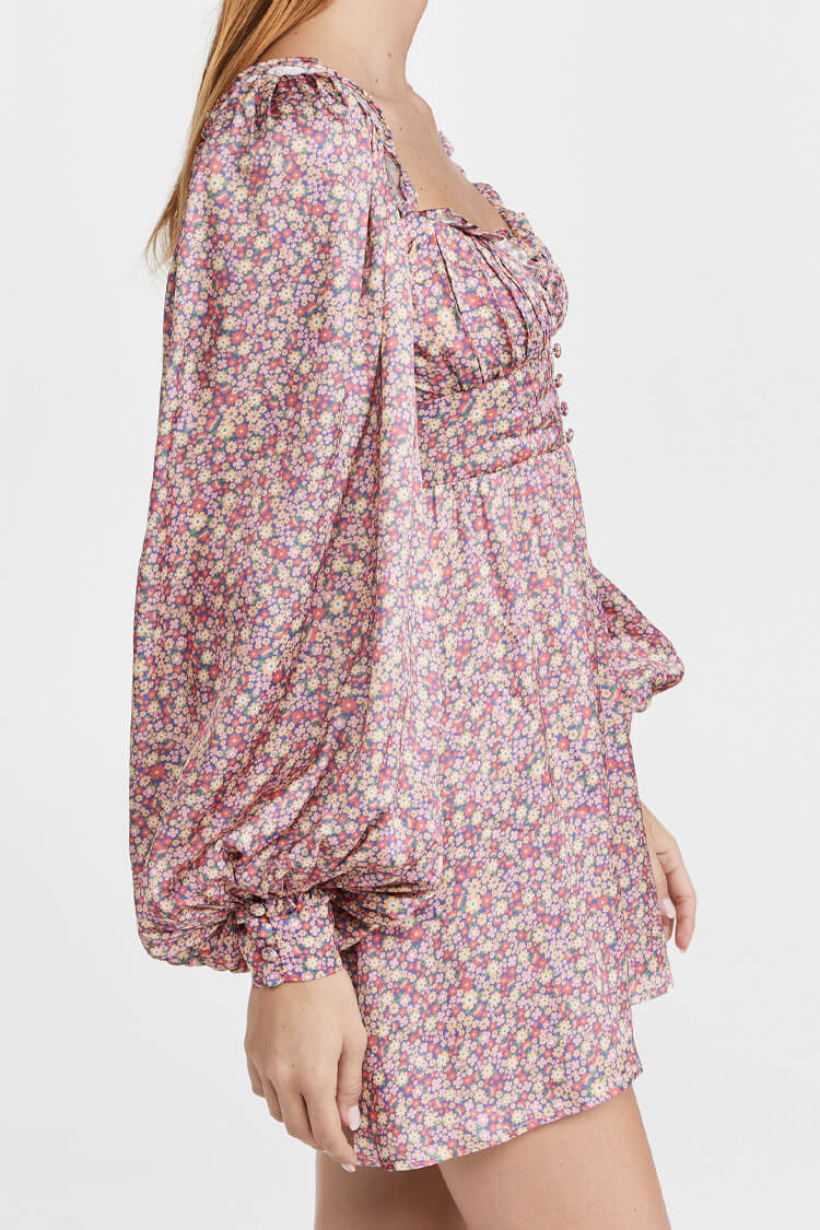 Ditsy Floral Sweetheart Ruffle Trim Button Front Puff Sleeve Mini Dress