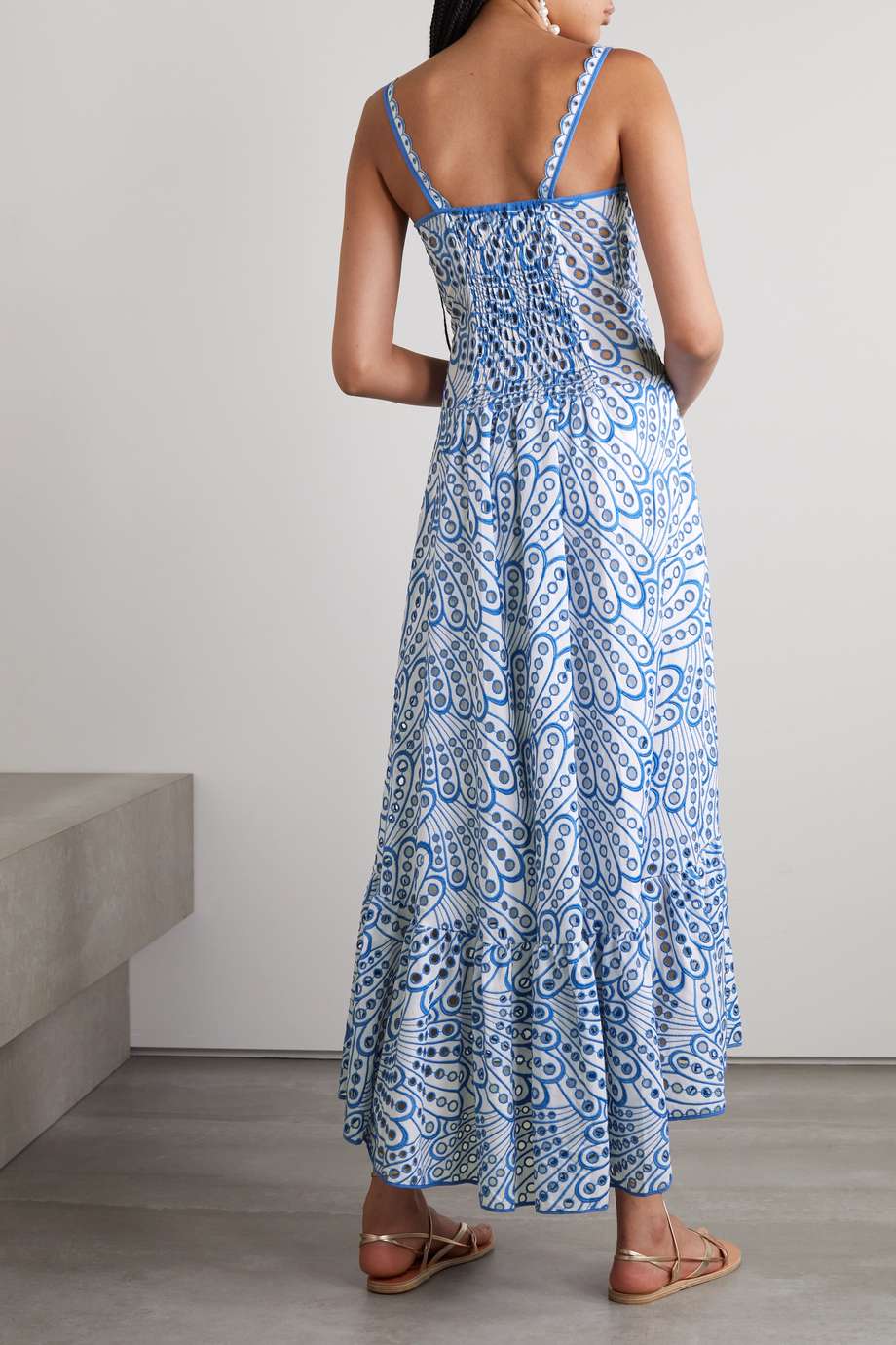 Square Neck Scallop Edge Eyelet Fan Print Tiered Midi Dress