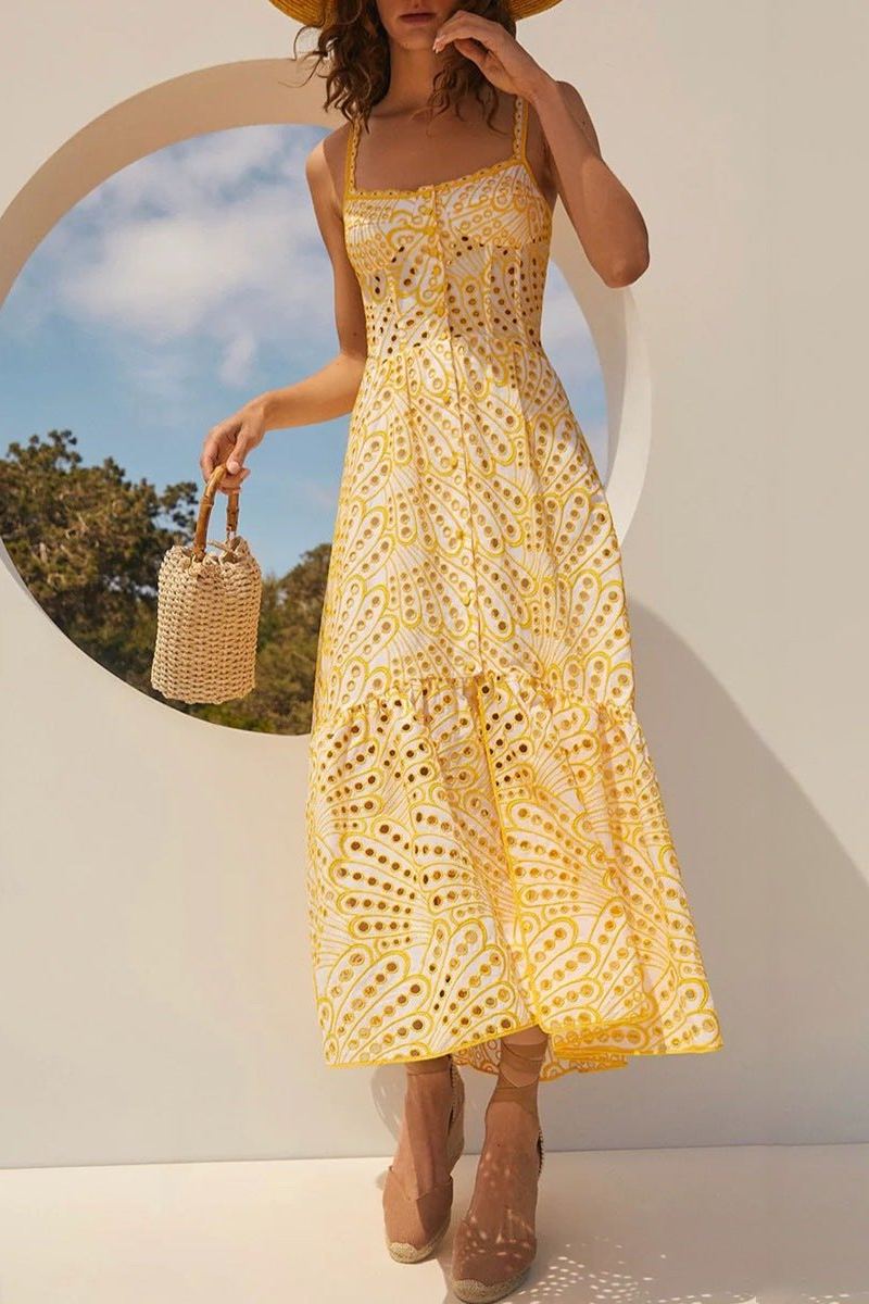 Square Neck Scallop Edge Eyelet Fan Print Tiered Midi Dress