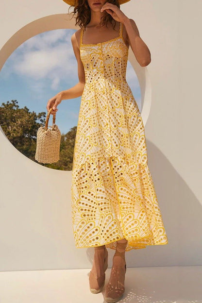 Square Neck Scallop Edge Eyelet Fan Print Tiered Midi Dress