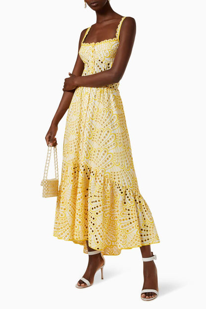 Square Neck Scallop Edge Eyelet Fan Print Tiered Midi Dress