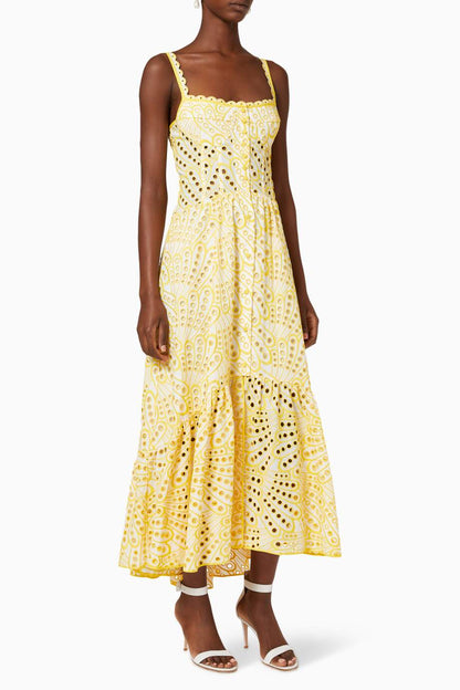 Square Neck Scallop Edge Eyelet Fan Print Tiered Midi Dress
