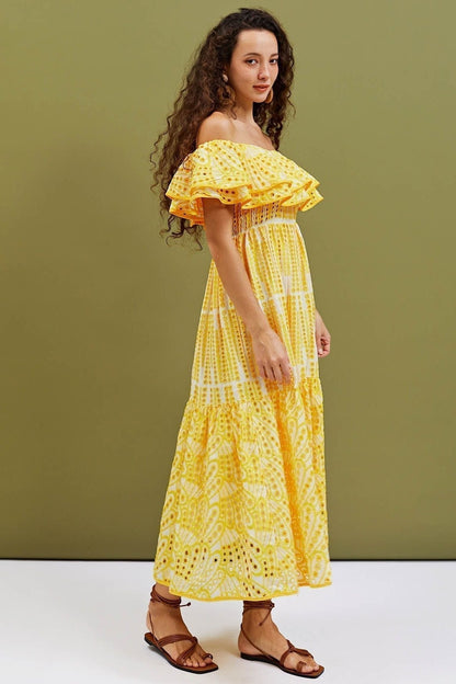 Off Shoulder Smocked Waist Eyelet Lace Tiered Midi Dress