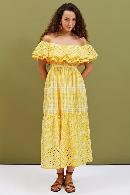 Off Shoulder Smocked Waist Eyelet Lace Tiered Midi Dress