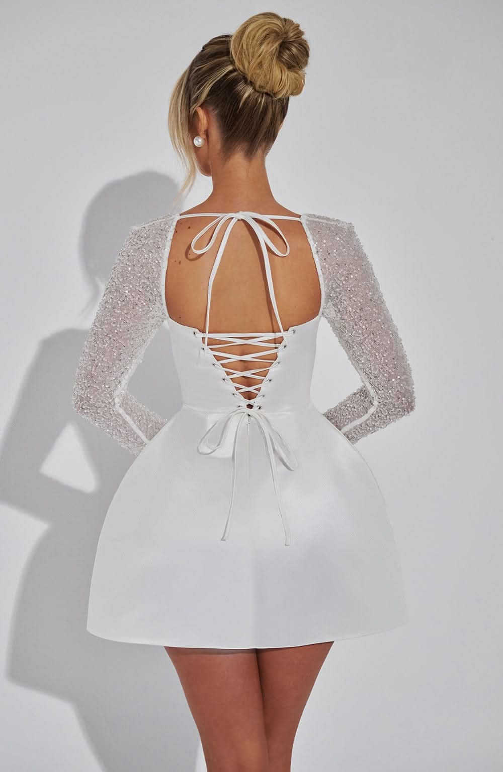 Square Neck Sequin Embellished Long Sleeve Skater Mini Dress