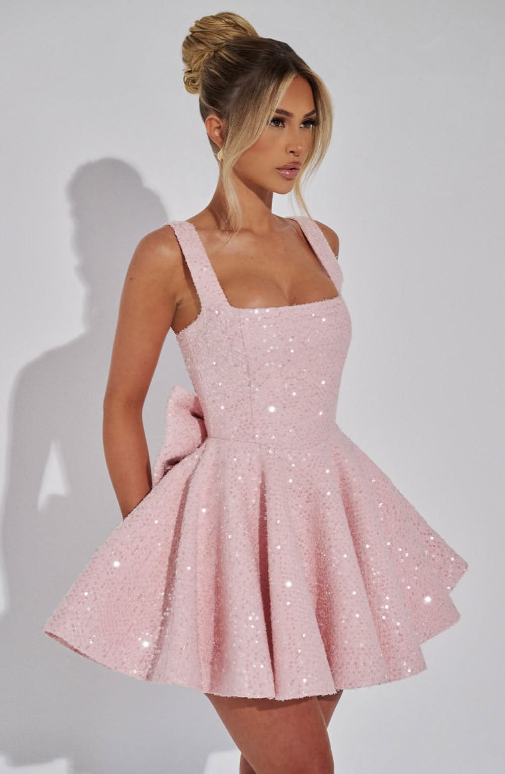 Sequined Square Neck Bow Back Pleated Skater Mini Dress
