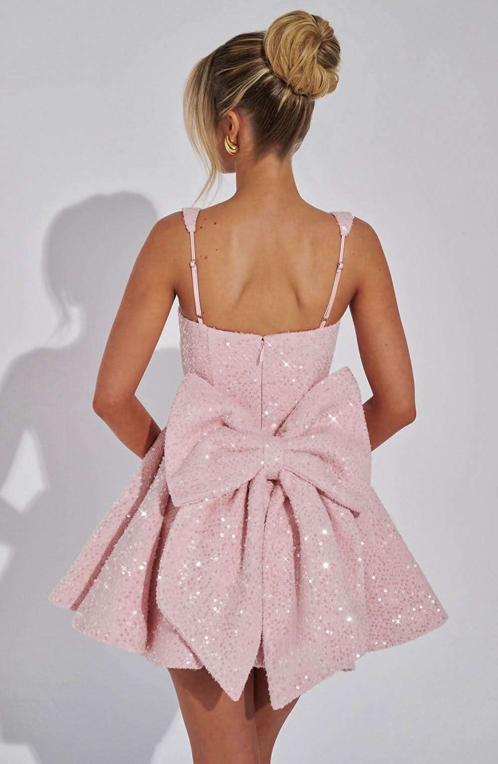 Sequined Square Neck Bow Back Pleated Skater Mini Dress