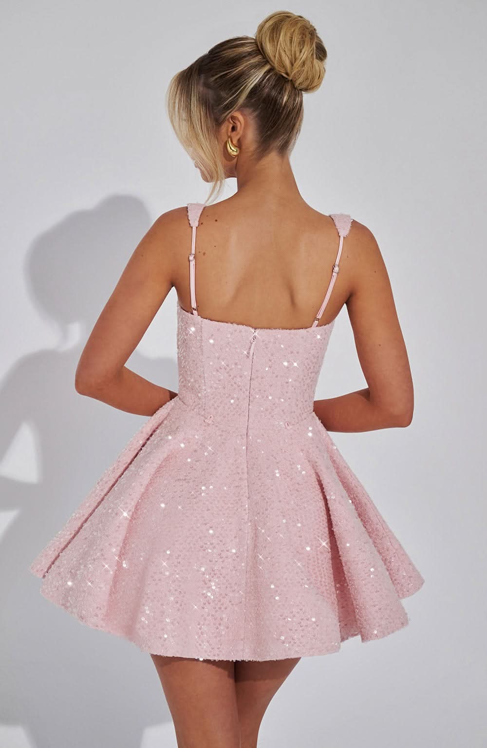 Sequined Square Neck Bow Back Pleated Skater Mini Dress