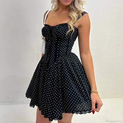 Polka Dot Ruffle Strap Bustier Lace Hem Fit And Flare Mini Dress