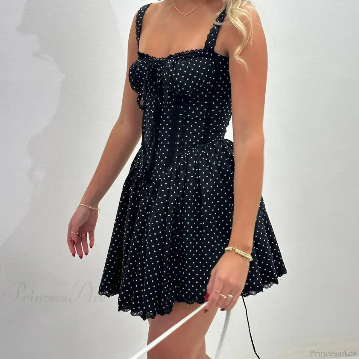 Polka Dot Ruffle Strap Bustier Lace Hem Fit And Flare Mini Dress