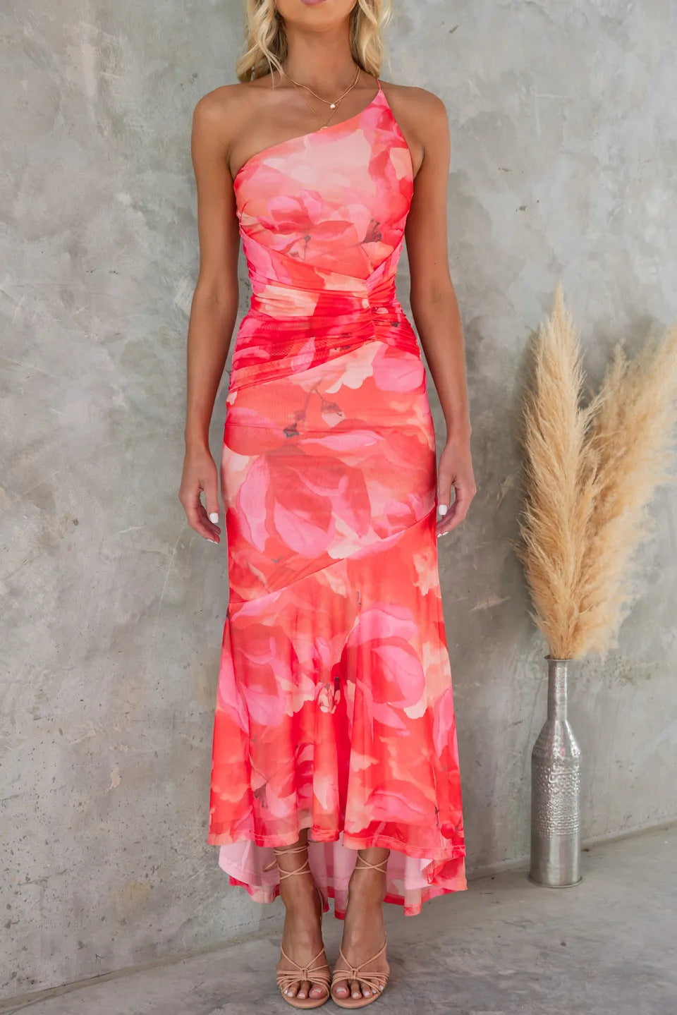 One Shoulder Floral Print Ruched Asymmetric Hem Maxi Dress