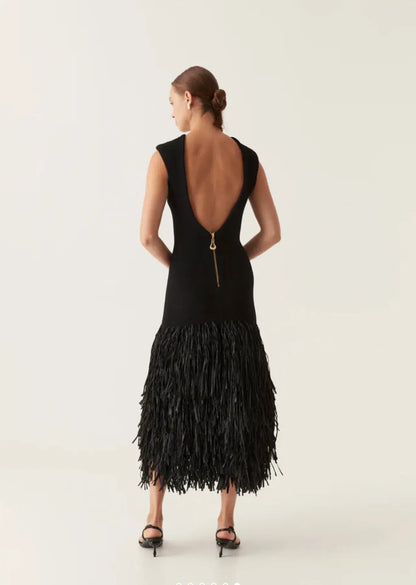 Crew Neck Cap Shoulder Rib Knit Bodice Dense Fringe Tier Midi Dress