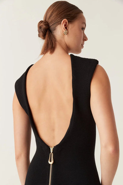 Sleeveless Rib Knit Fringe Panel Bodycon Midi Dress