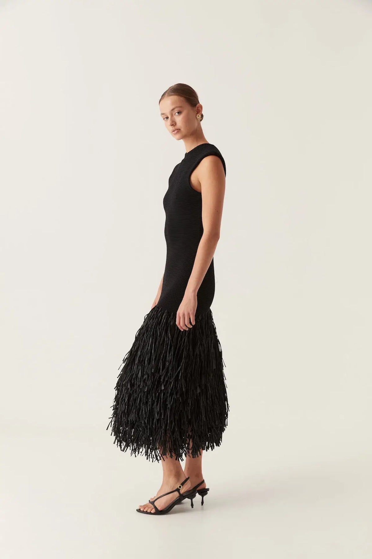 Sleeveless Rib Knit Fringe Panel Bodycon Midi Dress
