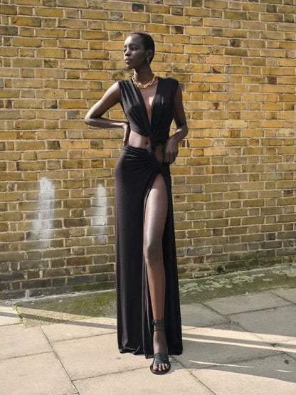 Halter Neck Deep V Twist Knot Side Cutout High Slit Maxi Dress