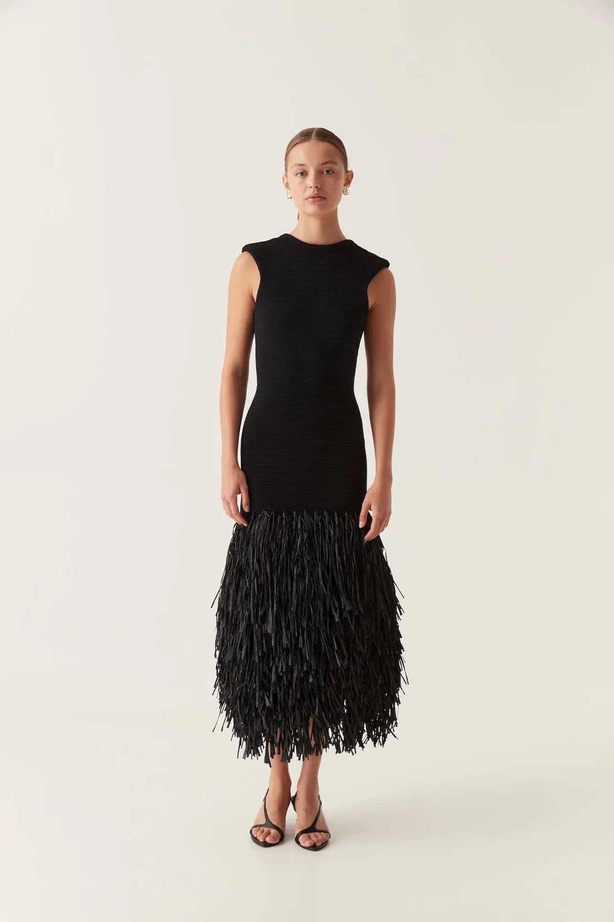 Crew Neck Cap Shoulder Rib Knit Bodice Dense Fringe Tier Midi Dress