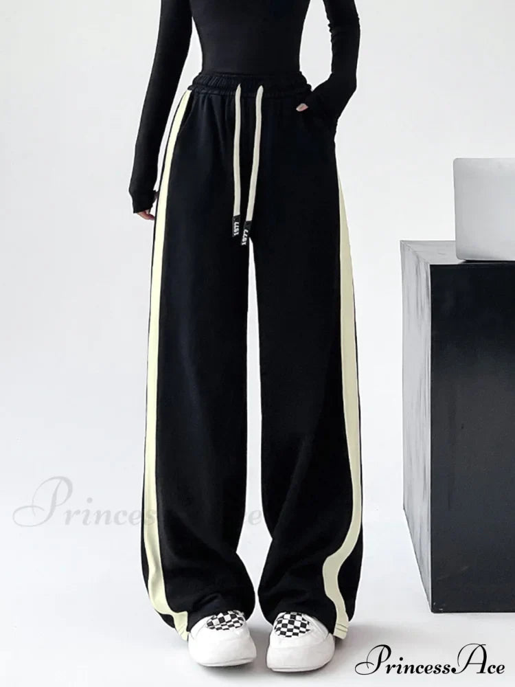 Drawstring Contrast Trim Trendy Wide Leg Sweatpants